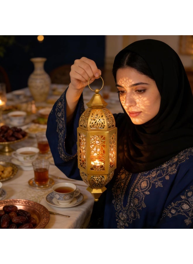 Ramadan Lantern Candle Holder, Metal Eid Mubarak Lantern Decor Lights, Moroccan Hollowed Lantern Lighting Decoration for Home Table Party Ramadan Tabletop, 12*12*34cm (Black) - Image 3